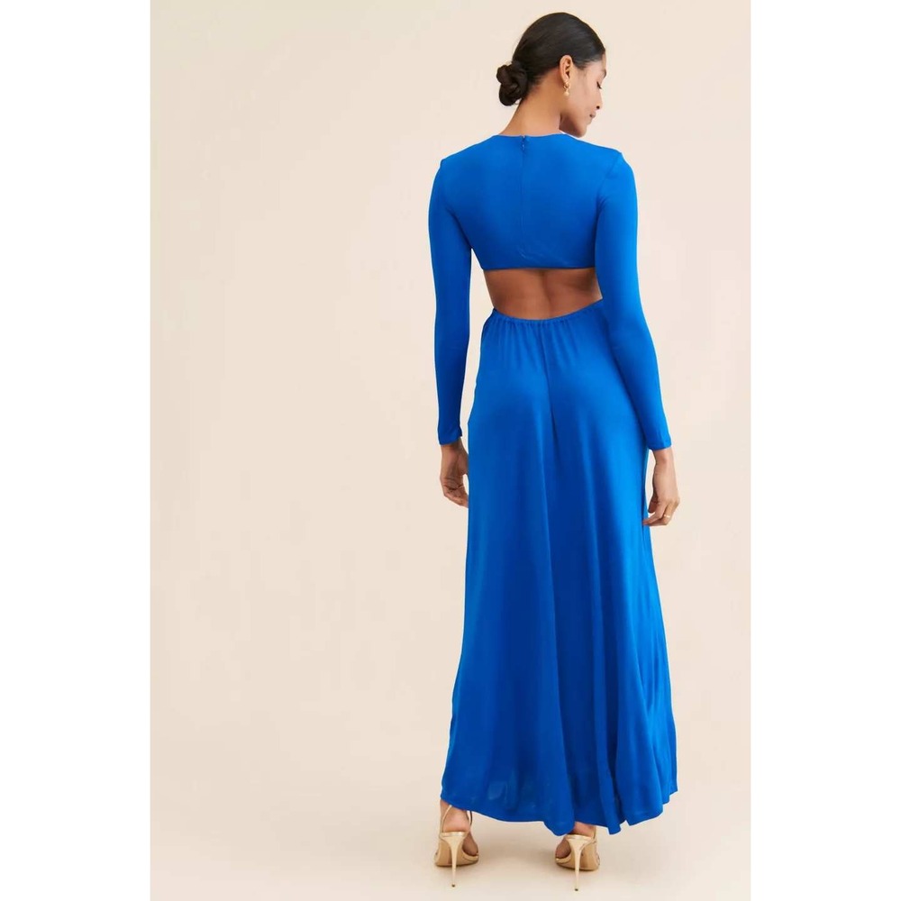 Farm Rio Royal Blue Cut-Out Knot Front Long Sleeve Maxi Dress Gown Small NWT - Picture 3 of 15
